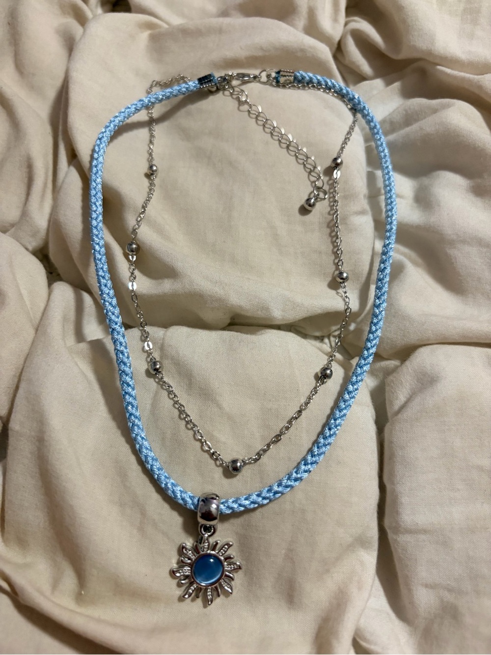Free People Light Blue Woven Cord and Silver-Tone Layered Sun Pendant Necklace